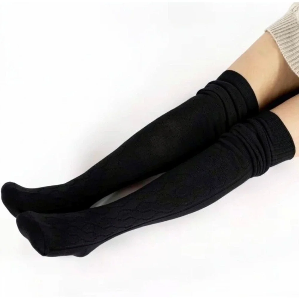 True Thigh High Cable Knit Style Black Socks ONE SIZE Casual Preppy 1 PAIR